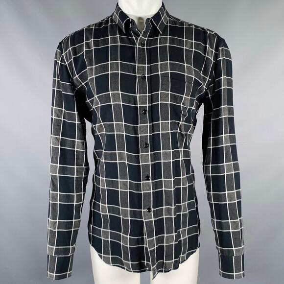 SAINT LAURENT Size M Grey Black White Plaid Tencel Viscose Long Sleeve Shirt - Picture 1 of 7